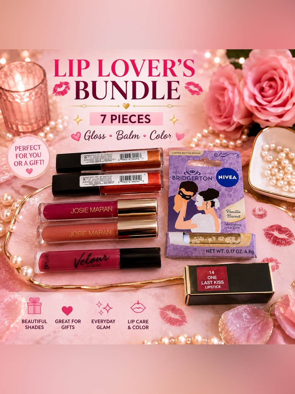 Lip Gloss & Lip Care Beauty Bundle Josie Maran Bridgerton Nivea 7 Pc Set